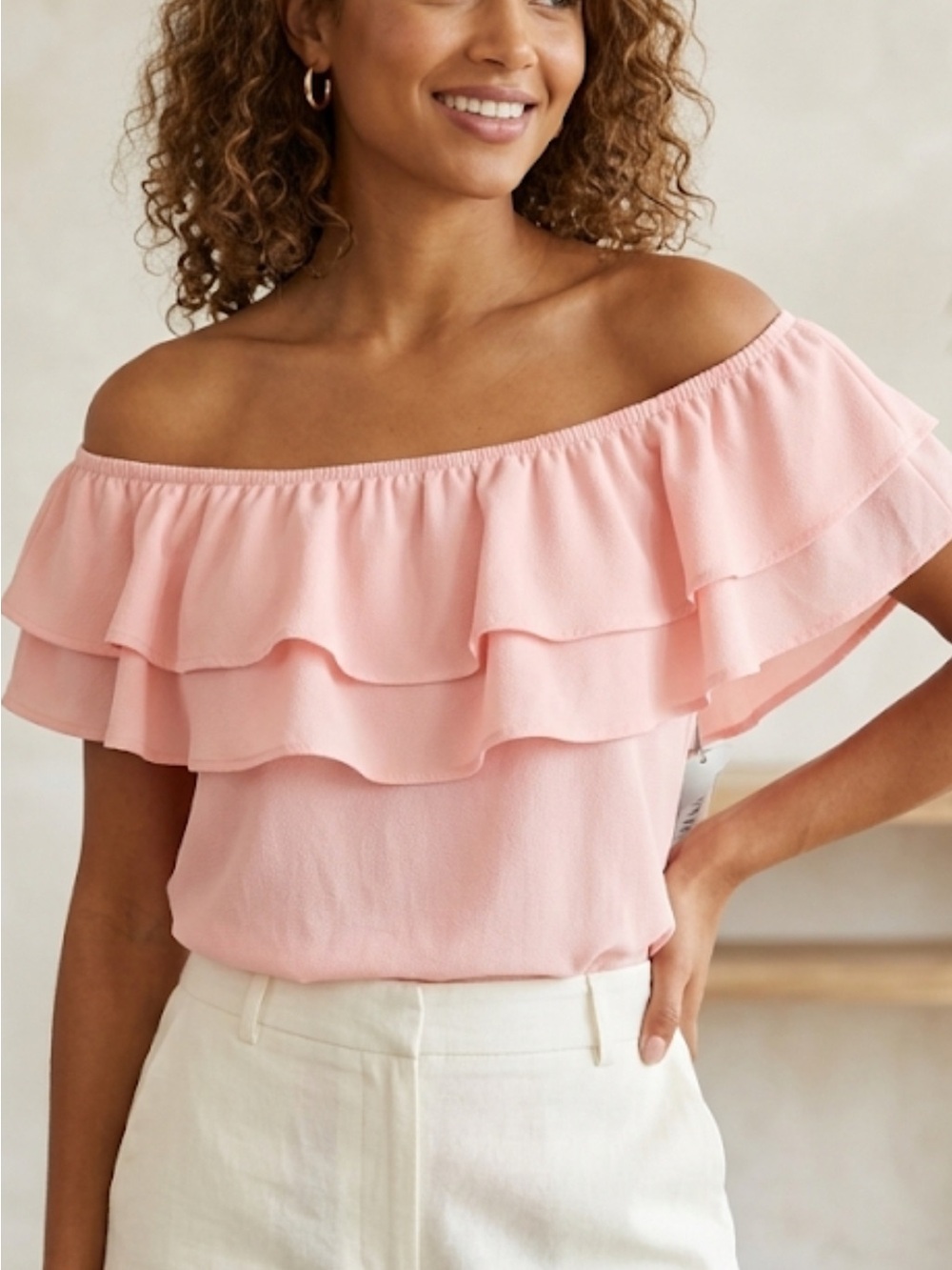 Touch 9 Women's Off-Shoulder Ruffle Blouse in Light Pink